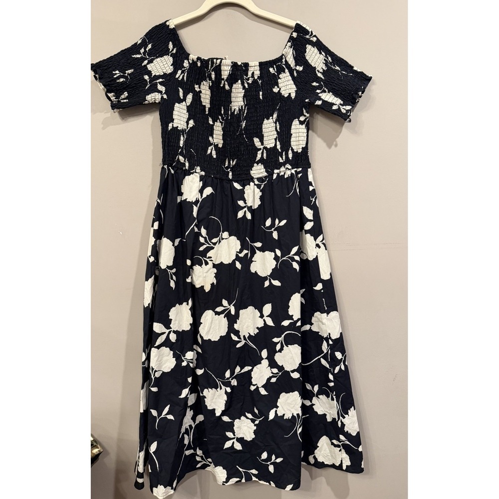 Soft Surroundings Divani Black Smocked Midi Dress Large Floral Picnic Resort